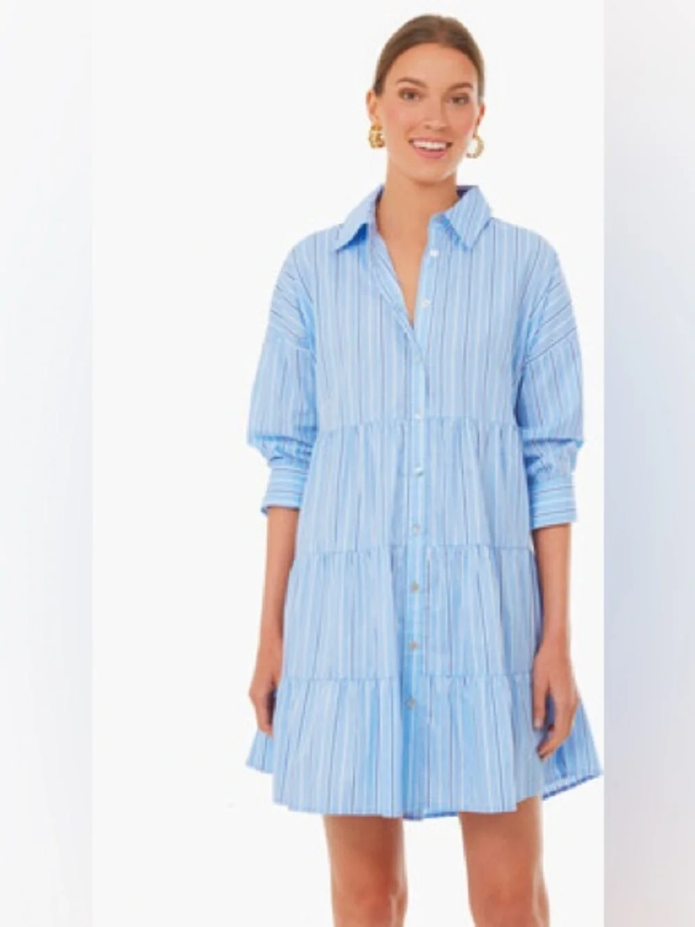 Tuckernuck Pomander Place Shades of Blue Stripe Cara Tiered Shirt Dress LARGE - Picture 4 of 7